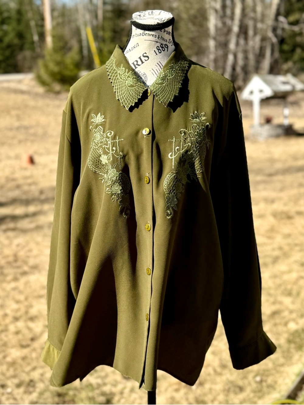 Inspire Olive Green Embroidered Button-Down Blouse